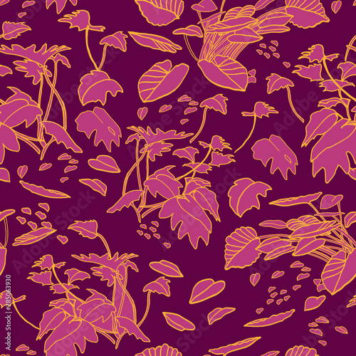 Modern exotic jungle leaf pattern. Scattered botanical leaf, line art doodle style, in red and pink tones. Perfect for packaging design, home decor, fabric wallpaper and stationary.