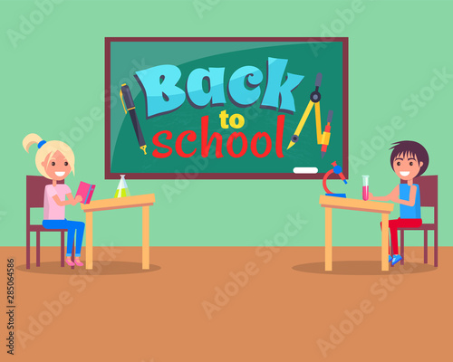 Boy and girl classmates in classroom, back to school sign on chalkboard vector. Stationery items, pen and divider, chemistry flasks and microscope on desk. Back to school concept. Flat cartoon
