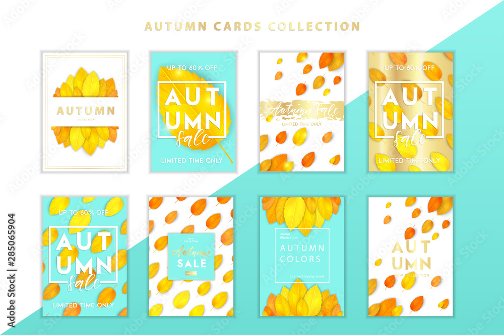 Trendy and elegant autumn background with realistic yellow gold orange leaves Gradient leaf, simple minimalistic style Sale banner template collection Fall season poster, card set Vector illustration