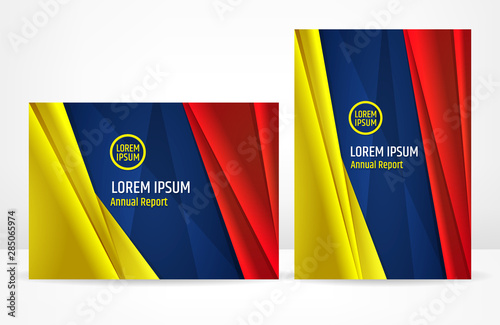 Corporate business abstract template. Brochure cover design, modern layout, annual report, poster, flyer. A4 with red blue yellow colorful background, geometric shapes for government, market