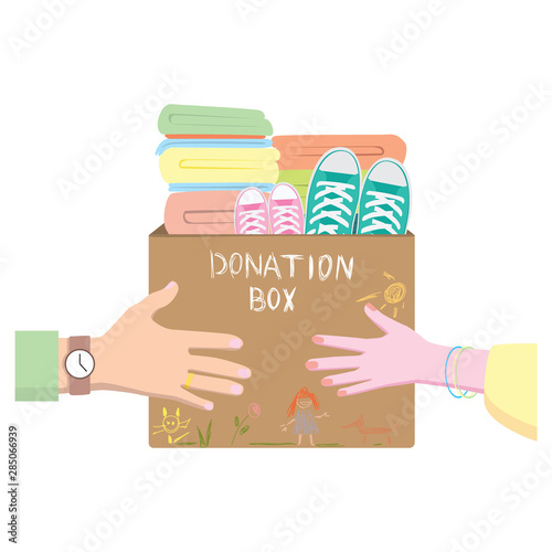 Hands hand over a donation box with clothes and sneakers to other hands. Cardboard box with charity clothing. Vector.