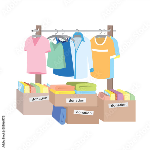 Donated clothing boxes. Men's and women's clothing on a hanger. Vector
