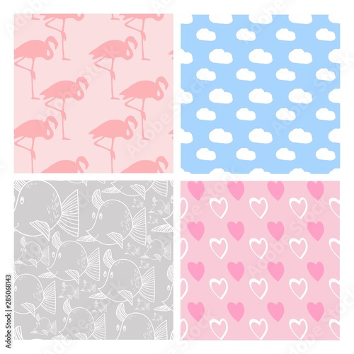 Collection of seamless patterns in pale pink, in vector