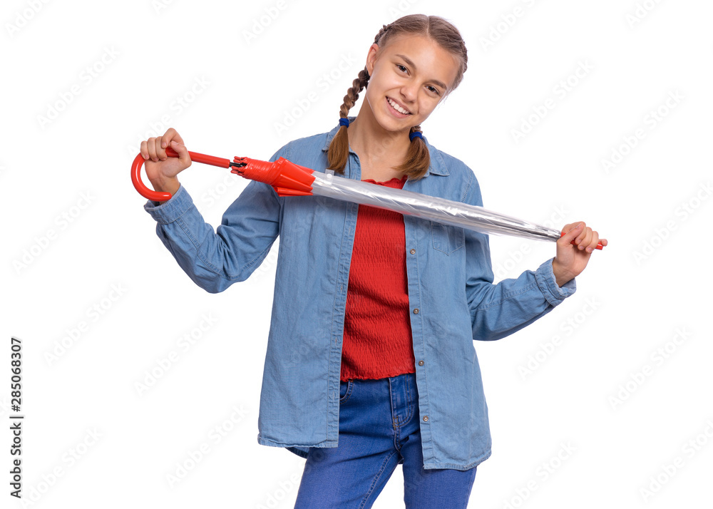 Portrait of teen girl holding umbrella, isolated on white background. Happy child with umbrella for autumn rainy day. Cute caucasian young teenager smiling and looking at camera. Portrait of teen girl holding umbrella, isolated on white background. Happy child with umbrella for autumn rainy day. Cute caucasian young teenager smiling and looking at camera.