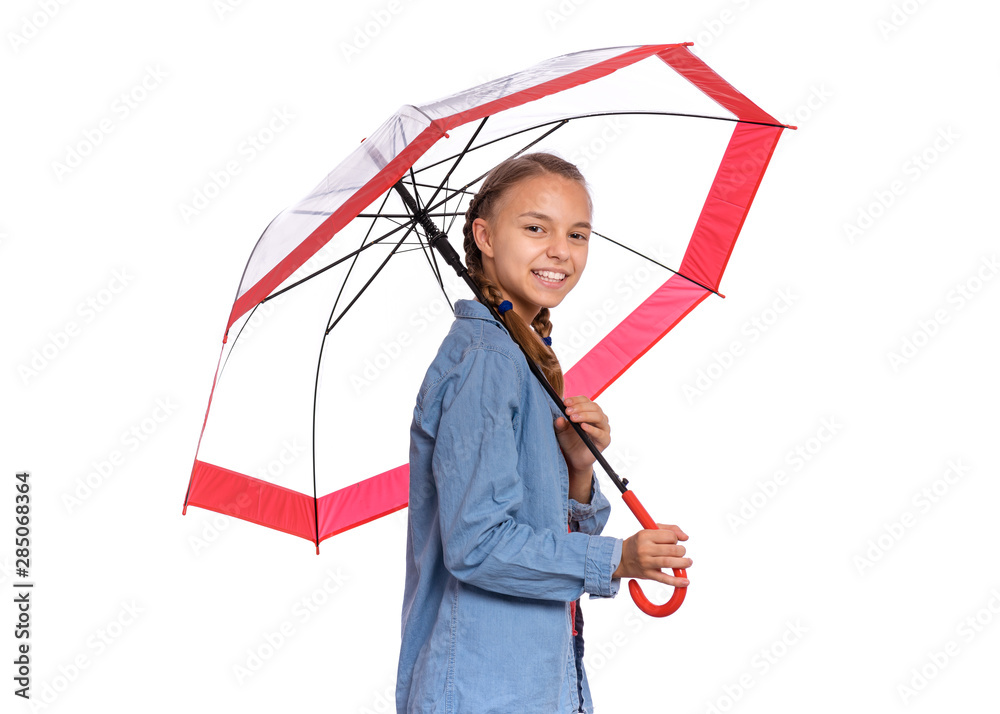 Portrait of teen girl holding umbrella - side view, isolated on white ...