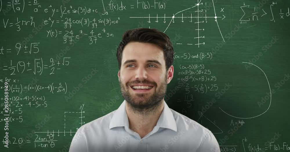 Man in front of moving mathematical formulae on blackboard Man in front of moving mathematical formulae on blackboard