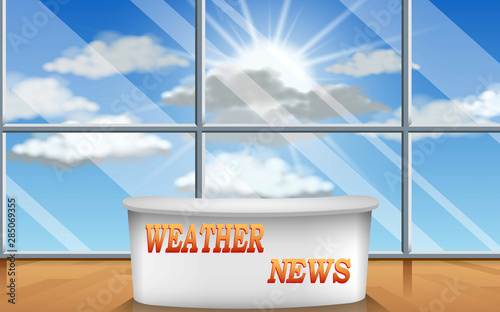 weater news studio room with the sun and clouds on the sky in summer background