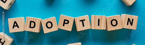 top view of adoption word made of wooden cubes on blue background, panoramic shot