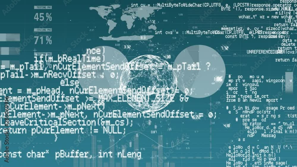 Data scrolling, globe rotating and charts on blue background Data scrolling, globe rotating and charts on blue background