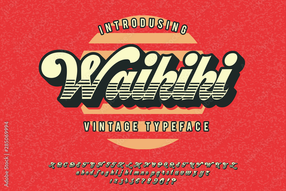 Waikiki. Retro poster. Summer style. Vintage script typeface. Retro 3d font  in 80s style. Vintage typography. Stock Vector | Adobe Stock