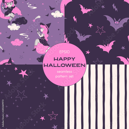 Halloween night cartoon vector seamless pattern set. Young witch, flying bat, midnight starry sky, stripes backgrounds pack. All hallows eve decorative textile, wallpaper, wrapping paper design
