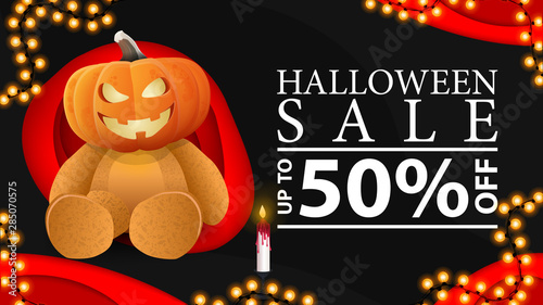 Halloween sale, horizontal dark discount banner with Teddy bear with Jack pumpkin head