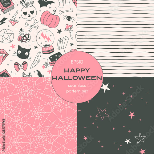 Witchery cartoon vector seamless pattern set. Spiderweb, witchy stuff, midnight starry sky, stripes backgrounds pack. Witchcraft, black magic decorative textile, wallpaper, wrapping paper design