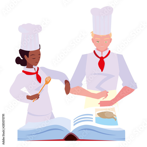 woman and man chef cooking