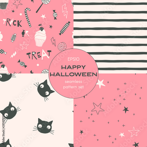 Halloween night cartoon vector seamless pattern set. Trick or treat, stars, black cat heads, stripes backgrounds pack. All hallows eve decorative textile, wallpaper, wrapping paper design