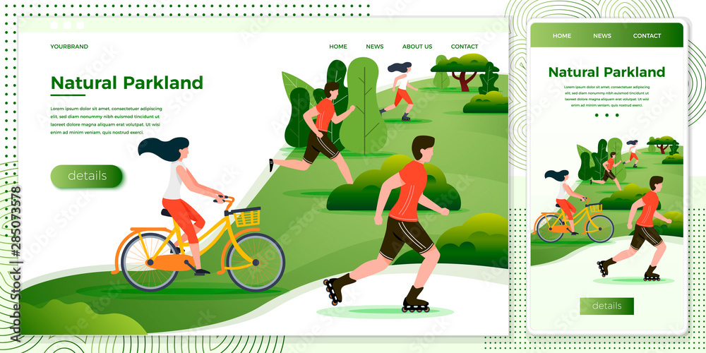 Vector cross platform illustration set, browser and mobile phone - bicycle riding, running, rolling people in park and trees on background. Banner, site, poster template with place for your text. Vector cross platform illustration set, browser and mobile phone - bicycle riding, running, rolling people in park and trees on background. Banner, site, poster template with place for your text.