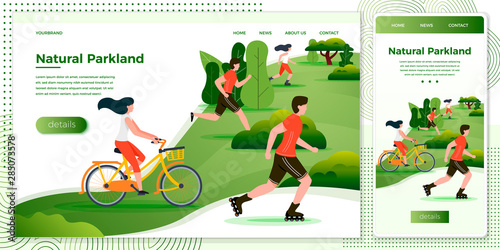 Vector cross platform illustration set, browser and mobile phone  - bicycle riding, running, rolling people in park and trees on background. Banner, site, poster template with place for your text. photo