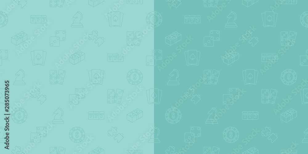 Vector casino, puzzle and board game set outline seamless pattern background.