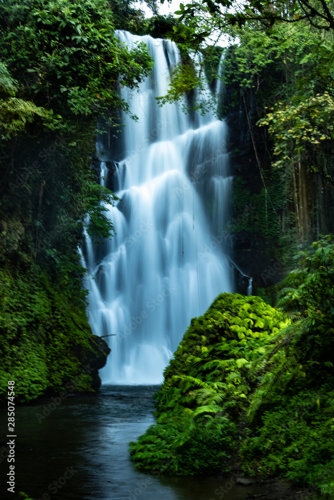 Waterfall landscape. Beautiful hidden Cemara waterfall in tropical rainforest in Sambangan, Bali. Slow shutter speed, motion photography.