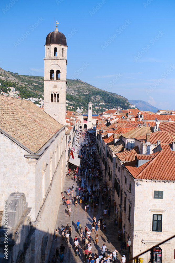 View of the Old Town from the City Walls in Dubrovnik, Croatia, at sunset. Travel concept