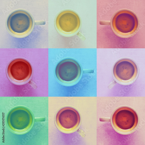Coffee cups, photo collage in colorful pop art style