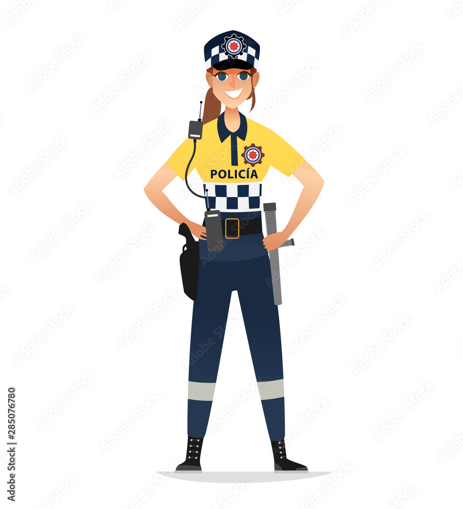 Police woman wearing patrol summer uniform. Happy smiling Europe policewoman agents. Isolated Police woman wearing patrol summer uniform. Happy smiling Europe policewoman agents. Isolated