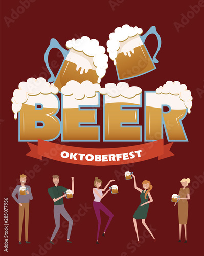 Oktoberfest. Beer festival poster with group of people, family and friends having fun against the huge beer. Editable vector illustration.