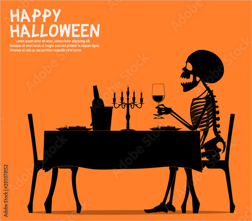A skeleton is eating dinner in the Halloween night, lonely.