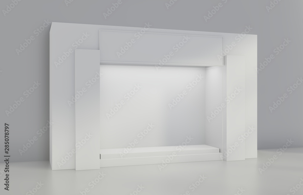 White Storefront blank showcases. The shelve in shop. 3d rendering.