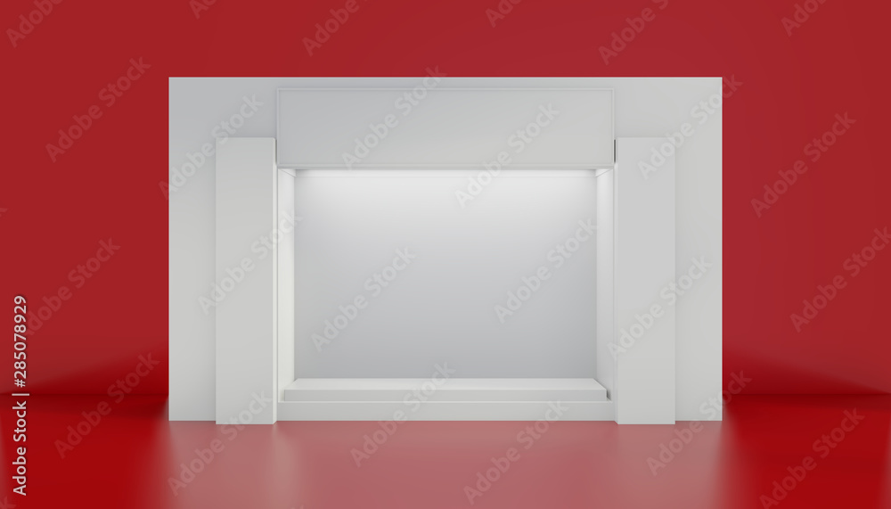White Storefront blank showcases. Empty new shop interior, clean signboard copy space. 3d rendering.