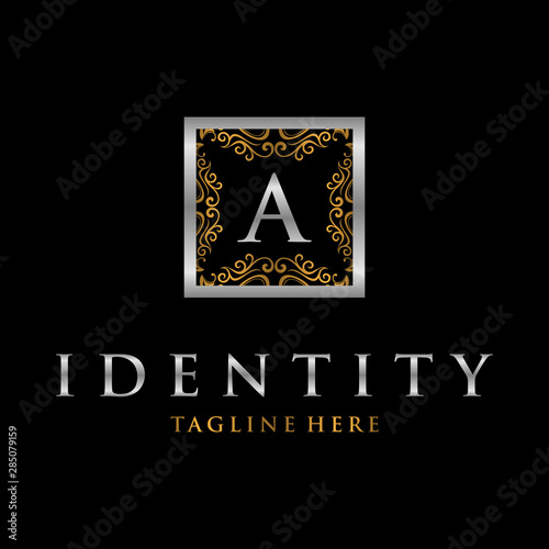 feminine floral letter A. beautiful calligraphic monogram flourish leaf boutique logo vector template stock illustration, Golden Luxury, royal A Logo template