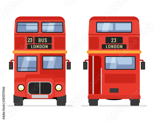 London double decker red bus cartoon illustration, English UK british tour front isolated flat bus icon