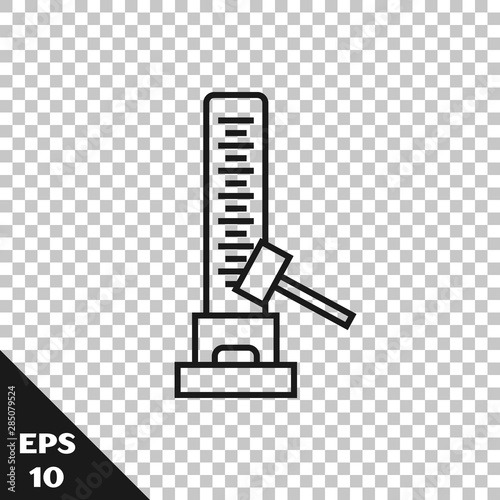 Black line High striker attraction with big hammer icon isolated on transparent background. Attraction for measuring strength. Amusement park. Vector Illustration