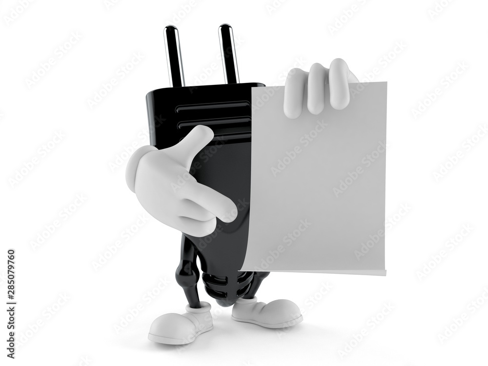 Obraz premium Electric plug character holding blank sheet of paper
