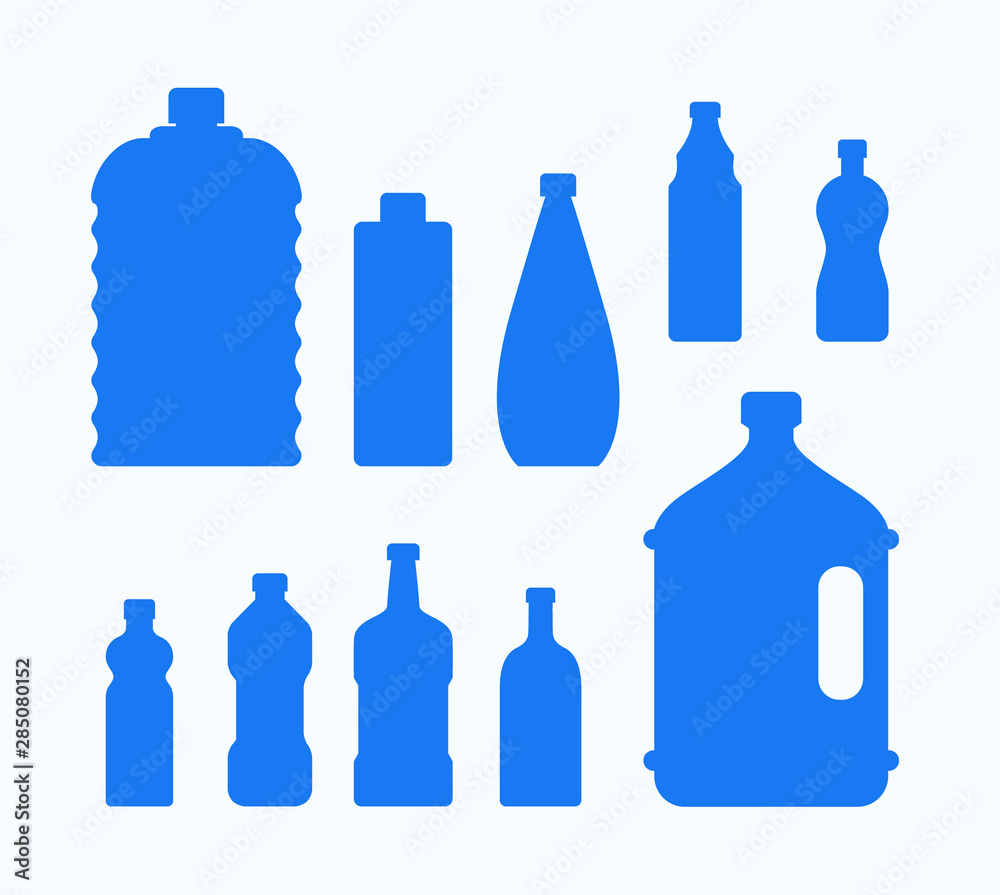 Plastic water bottle icon. Blue liquid container drink, bottle silhouette set. Water cartoon bottles Plastic water bottle icon. Blue liquid container drink, bottle silhouette set. Water cartoon bottles