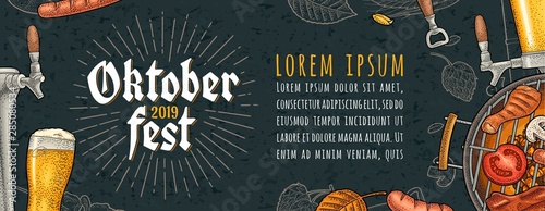 Horizontal poster to oktoberfest 2019 festival. Vintage color vector engraving