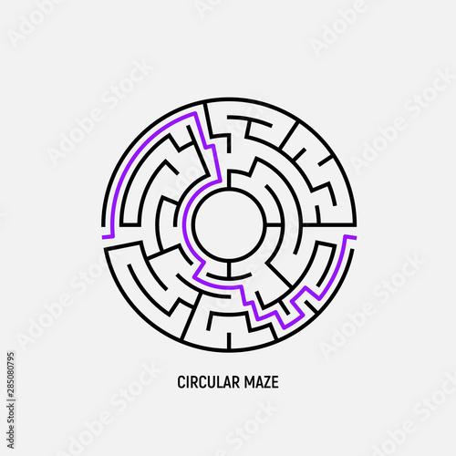 Circle maze vector labyrinth game. Round puzzle circular maze with solution. Complex labyrunth pattern