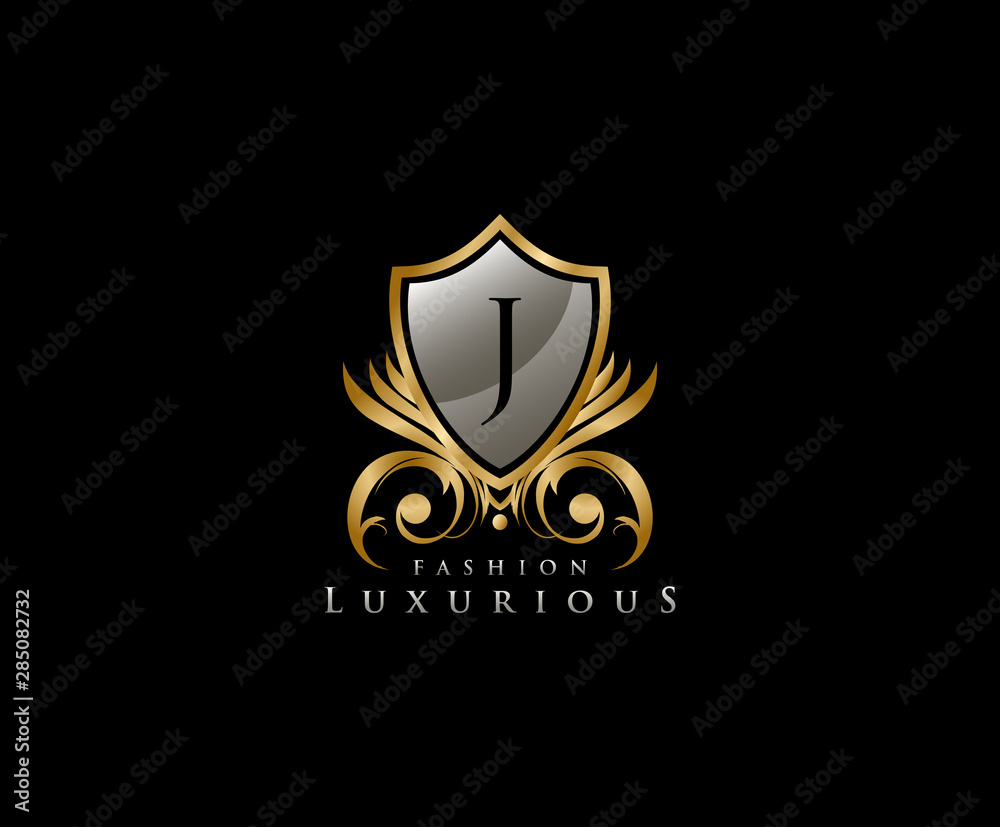 Luxury Golden Shield Logo with J Letter, royal shield logo icon. Luxury Golden Shield Logo with J Letter, royal shield logo icon.