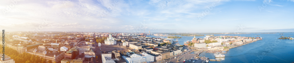 Aerial panorama of beautiful city Helsinki at Autumn. Cathedral and Market square in evening light, horizon, autumn skyline. Finland