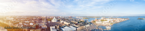 Aerial panorama of beautiful city Helsinki at Autumn. Cathedral and Market square in evening light, horizon, autumn skyline. Finland