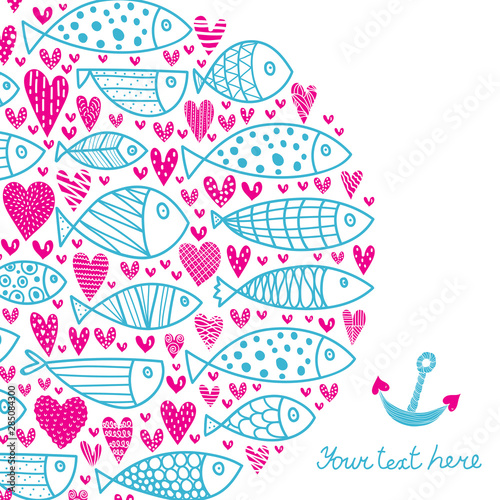 Cute fish card. Around motif with fish and hearts.