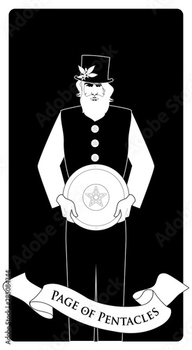 Page or knave of pentacles with top hat holding a golden shield. Minor arcana Tarot cards.