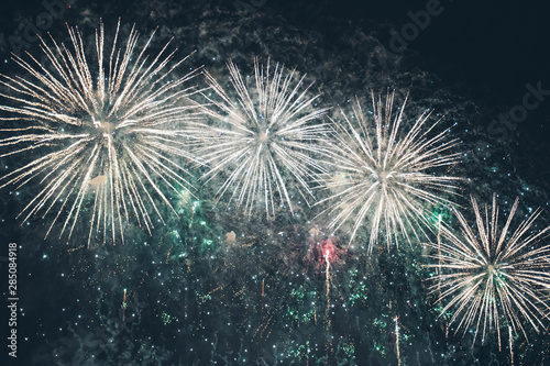 Fireworks festival. Fireworks display on dark sky background.