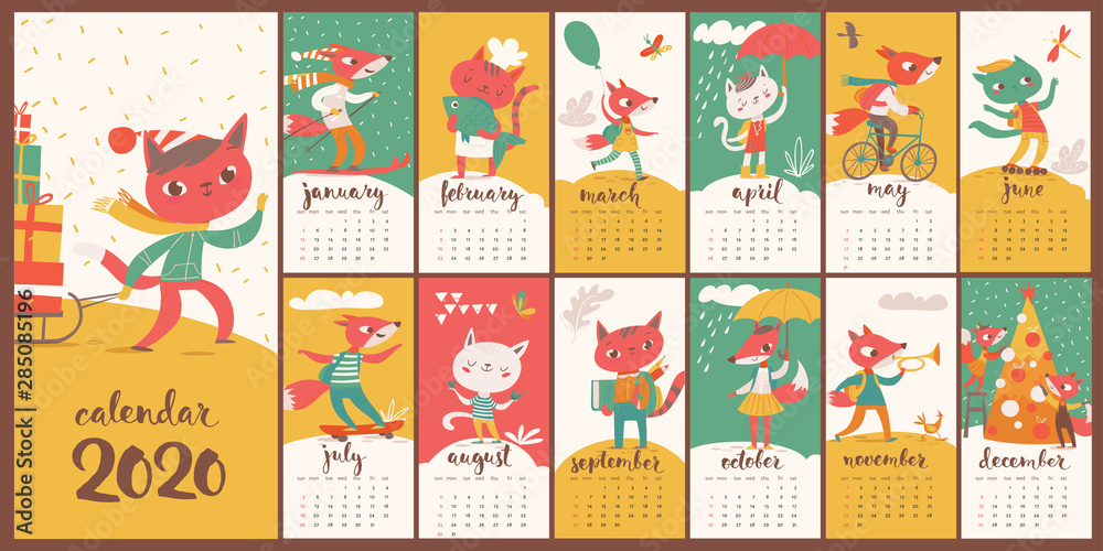 Vector 2020 calendar with funny foxes and cats cartoon characters.