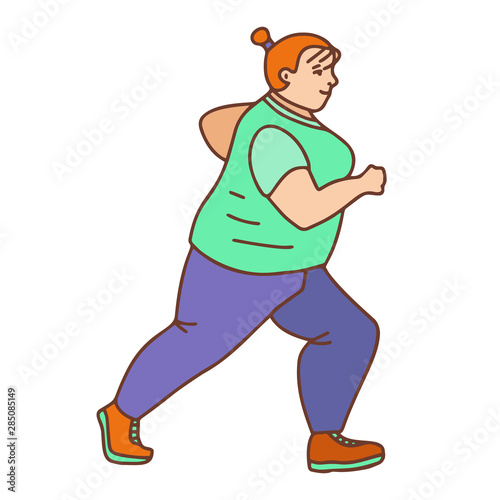 Running Plus Size Girl in Hand Drawn Doodle Style