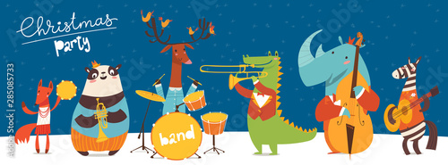 Christmas party vector poster with funny musicians.