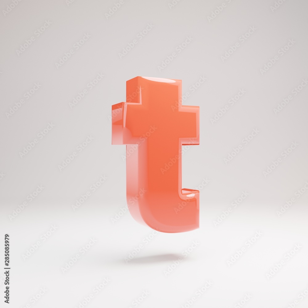 Obraz premium Letter T lowercase. Living Coral font with glossy reflections and shadow isolated on white background.