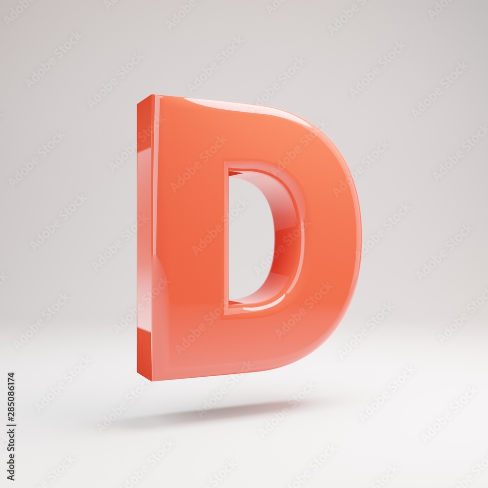 Letter D uppercase. Living Coral font with glossy reflections and shadow isolated on white background.