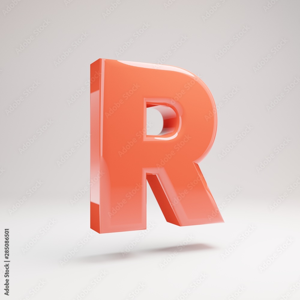Letter R uppercase. Living Coral font with glossy reflections and shadow isolated on white background. Letter R uppercase. Living Coral font with glossy reflections and shadow isolated on white background.