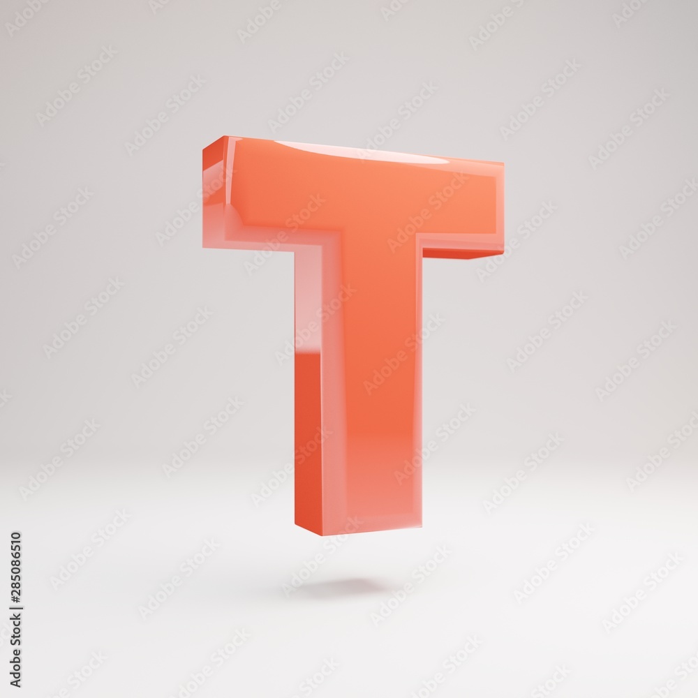 Letter T uppercase. Living Coral font with glossy reflections and shadow isolated on white background. Letter T uppercase. Living Coral font with glossy reflections and shadow isolated on white background.